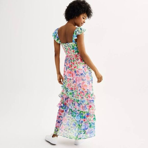 Pastel Floral Maxi Dress Flutter Sleeve Asymmetrical Tiered Bloomcore L - Picture 3 of 14